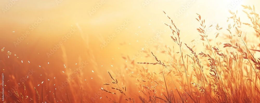 Sticker Wildflower and grass meadow background during golden hour sunset or sunrise in autumn. Soft golden hour sunlight panoramic countryside landscape.