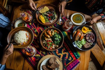 Fototapeta premium Black hands eat Thanksgiving holiday meal from above