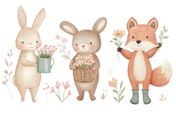 Cute woodland animals - a rabbit, a bunny, and a fox - holding flowers and surrounded by plants, showcasing a whimsical and playful nature theme.