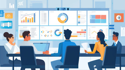 A team of executives brainstorming leadership concepts in a digital workspace, discussing how to drive success through innovative approaches in international business.