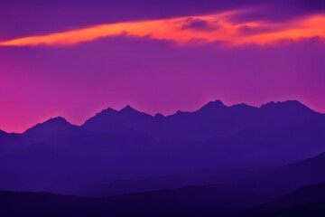 Obraz premium Silhouetted mountains against a neon orange and violet glowing twilight, AI Generated