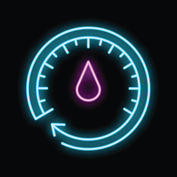 Neon sign of a humidity sensor showing low level of water with blue and pink colors on black background