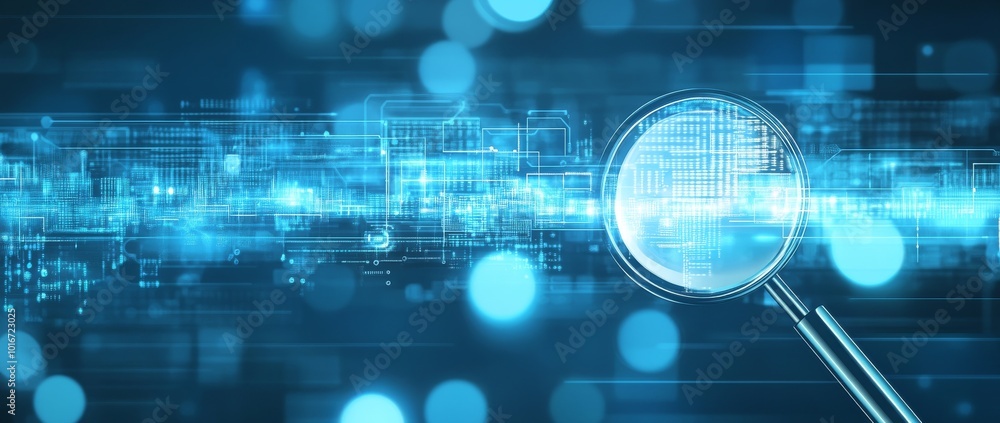 Poster an glowing magnifier icon on a blue background in a mock-up setting. seo concept. 3d rendering.