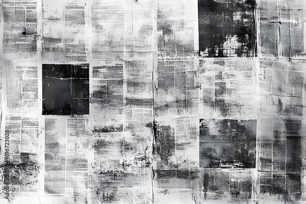 Poster a textured black and white collage of printed text, with variations in opacity and areas of solid bl