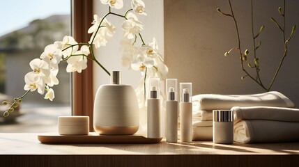 A serene and elegant arrangement of skincare products, towels, and a decorative vase with flowers by a window, creating a calming atmosphere.