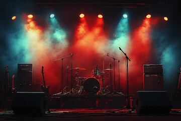 Concert stage on rock festival, music instruments silhouettes, colorful, neon, vibrant background with copy space	