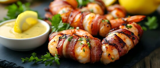 Grilled bacon wrapped shrimp served on a platter with lemon wedges and a dipping sauce a delectable seafood snack or appetizer with a savory crispy and juicy presentation