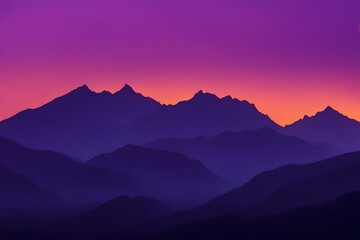 Obraz premium Silhouetted mountains against a neon orange and violet glowing twilight, AI Generated