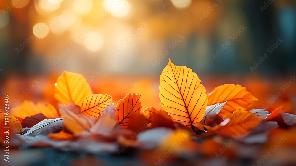 Poster a close-up view of vibrant orange leaves scattered on the ground, illuminated by soft sunlight, crea