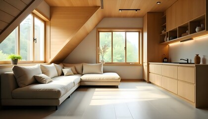 Japandi wooden living room and kitchen with a sloping ceiling and parquet flooring in white and grey tones. Features include a fabric sofa and cabinets, showcasing Japandi Scandinavian style