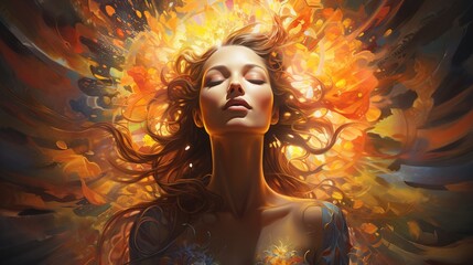 A serene woman surrounded by vibrant bursts of color, symbolizing inner peace and creativity, set against a dynamic and abstract background.