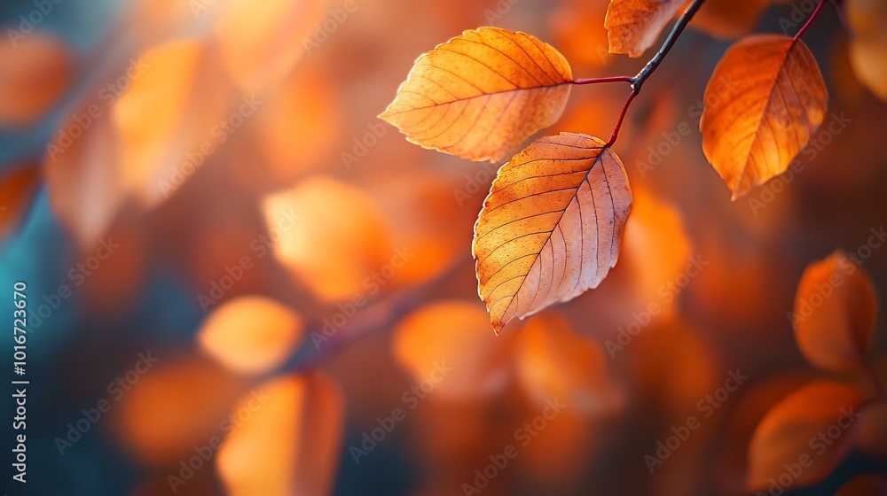 Poster a close-up of orange leaves on a branch, illuminated by soft light, capturing the essence of autumn 