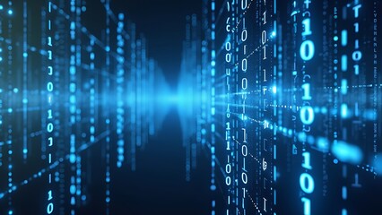 Binary code matrix background, perspective view with depth of field, tech style green illuminated numbers, technology futuristic blue backgrounds
