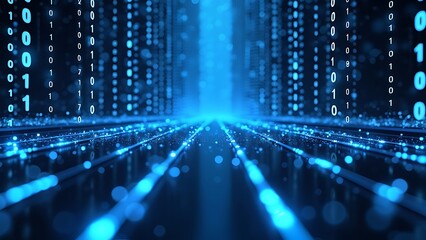 Binary code matrix background, perspective view with depth of field, tech style green illuminated numbers, technology futuristic blue backgrounds