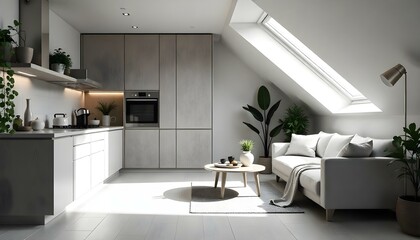 Japandi wooden living room and kitchen with a sloping ceiling and parquet flooring in white and grey tones. Features include a fabric sofa and cabinets, showcasing Japandi Scandinavian style