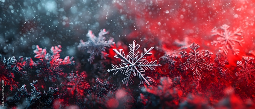 Poster captivating 3d of vibrant red and black snowflake patterns decorating a frosty winter window creatin