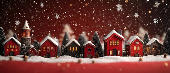 Cozy Christmas village with red and black houses covered in snowflakes creating a magical winter wonderland scene  Festive holiday with a peaceful traditional atmosphere