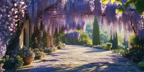 A serene pathway adorned with blooming wisteria creates a dreamlike atmosphere. This enchanting scene evokes tranquility. Perfect for nature lovers and garden enthusiasts. AI