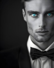Obraz premium Dashing Man in Tuxedo with Piercing Blue Eyes Timeless Monochrome Portrait