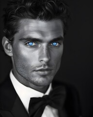 Fototapeta premium Handsome Man in Classic Black and White Tuxedo Portrait with Piercing Blue Eyes