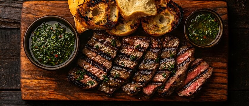 Juicy grilled Argentinian steak slices served on a rustic wooden board accompanied by a vibrant chimichurri sauce and grilled bread for an authentic taste of Argentinian barbecue