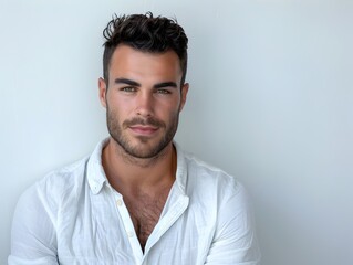 Obraz premium Handsome Man in Minimalist Outfit Against Clean White Background Concept