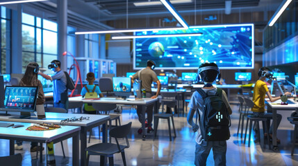 A tech-forward educational workplace where teachers and students interact through augmented reality, AI tutoring systems, and virtual labs.