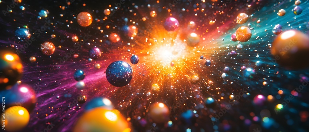 Poster glowing multicolored spheres of vibrant energy orbiting and converging around a central point in a v