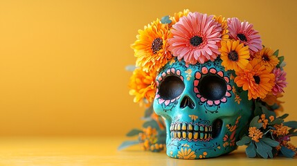 A vibrant decorative skull with a floral crown, perfect for Day of the Dead celebrations, offering cheerful aesthetics for event promotions and thematic designs.