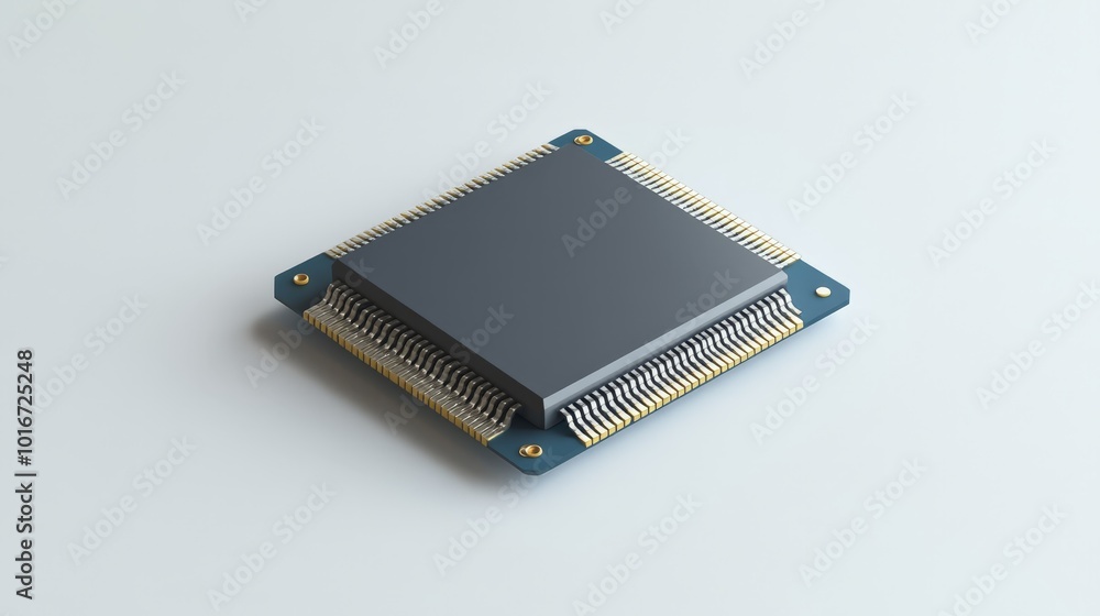 Poster close-up of a microchip on a plain background, highlighting its compact design and intricate details