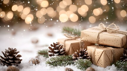 Rustic Christmas Presents with Pine Cones and Snow