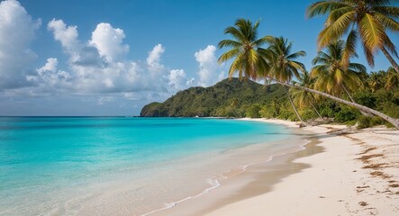 Turquoise waters along tropical beach with coconut trees background