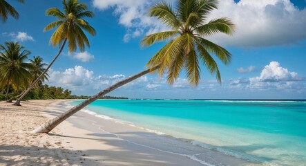Fototapeta premium Turquoise waters along tropical beach with coconut trees background