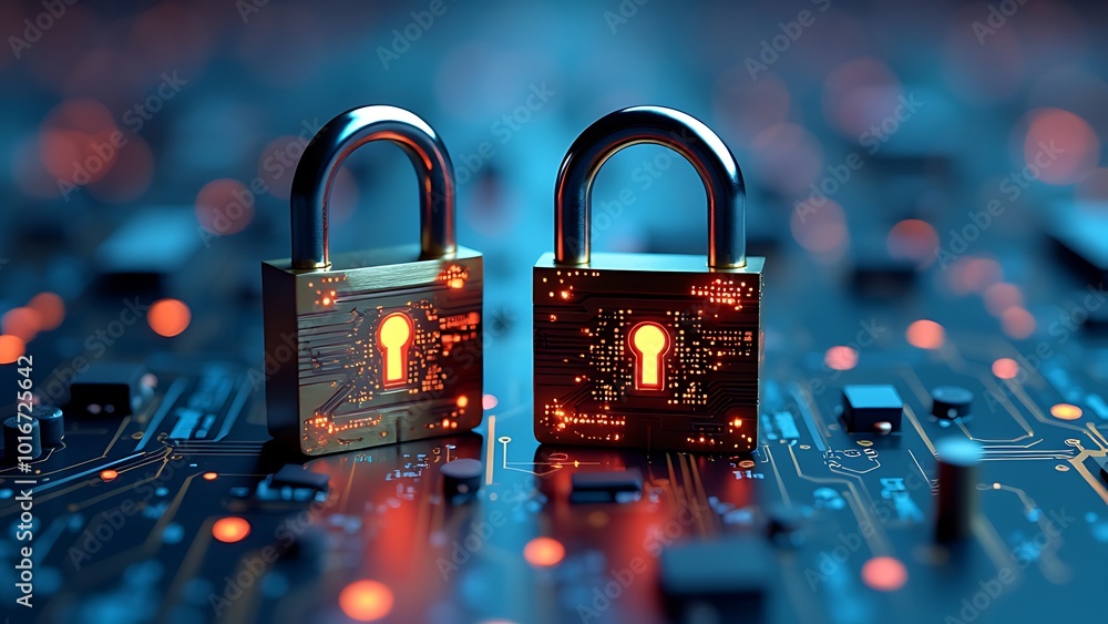 Poster digital padlock for computing system on dark blue background, cyber security technology for fraud pr