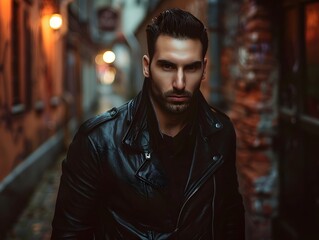 Fototapeta premium Intense Gaze of a Handsome Man in a Leather Coat Amid the Shadows of a City Alleyway
