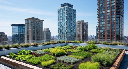 Fototapeta premium Urban garden on rooftop with high rise buildings in the background