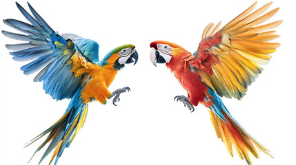 Fototapeta premium Set of colorful flying macaw parrot, isolated on white background 