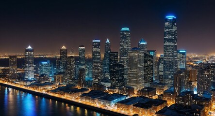 Urban skyline at night with illuminated skyscrapers