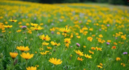Obraz premium Vibrant green meadow with wildflowers background