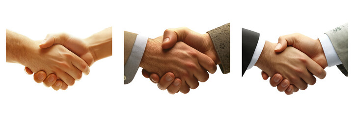 Assorted handshake images in various styles isolated on transparent background people PNG for business design concepts or presentation illustrations