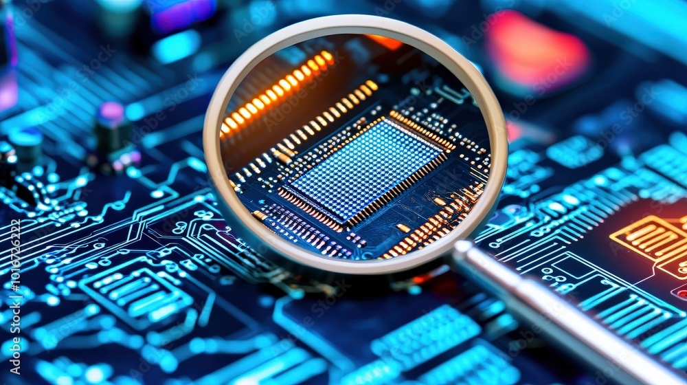 Aufkleber a close up of a computer chip with a magnifying glass on it