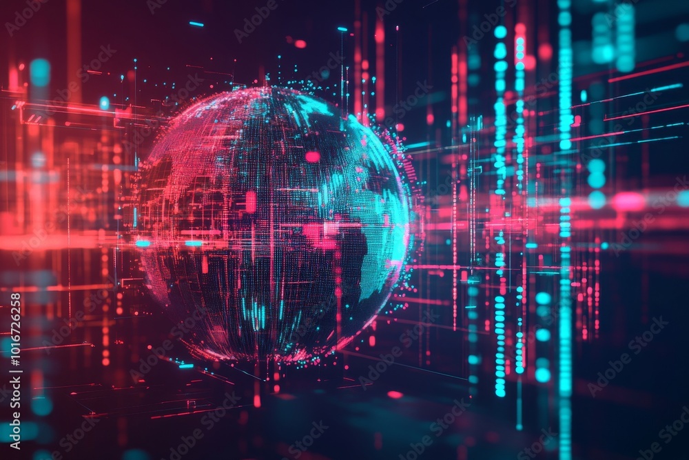 Poster 3d illustration of planet earth connected by lines and numbers in space