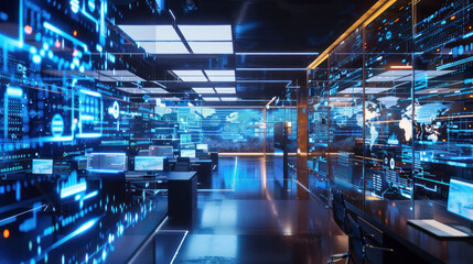 A tech-savvy workplace with AI systems managing workflows, cloud storage solutions, and real-time virtual collaboration spaces.