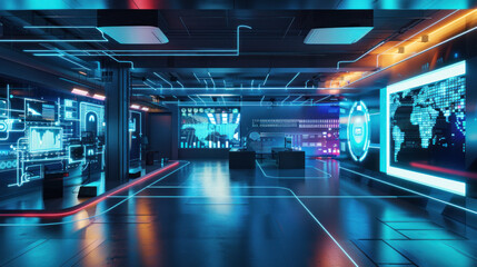 A tech-savvy workplace with AI systems managing workflows, cloud storage solutions, and real-time virtual collaboration spaces.