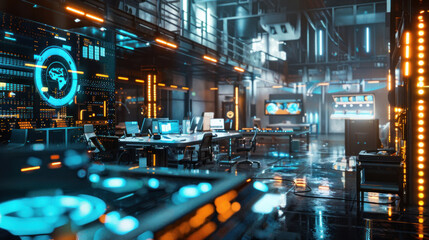Fototapeta premium A tech-savvy workplace with AI systems managing workflows, cloud storage solutions, and real-time virtual collaboration spaces.