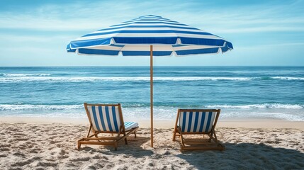 Obraz premium Beach Umbrella and Loungers on Sandy Shore for Summer Vacation Concept. AI generated illustration
