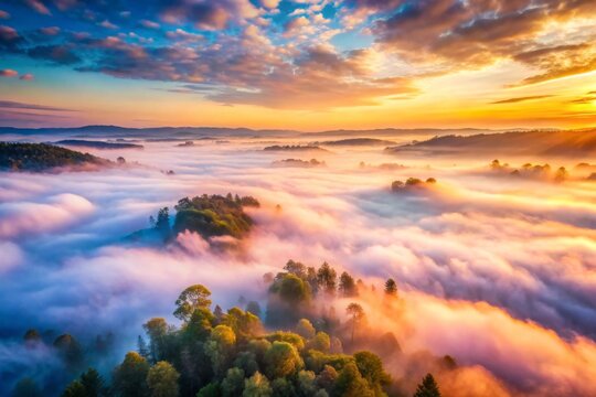 A breathtaking, aerial photography shot of an ethereal, luminescent magic landscape, bathed in an abundance of soft, warm light that permeates every aspect of the scene, with gentle, feathery clouds 