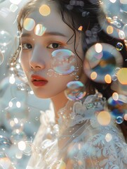 Radiant Asian Beauty Enveloped in Whimsical Bubble Display with Contemplative Expression