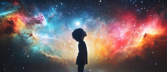 Fototapeta premium Silhouetted figure of a child set against a breathtaking backdrop of colorful swirling galaxies and nebulae representing the boundless potential and imagination of a young
