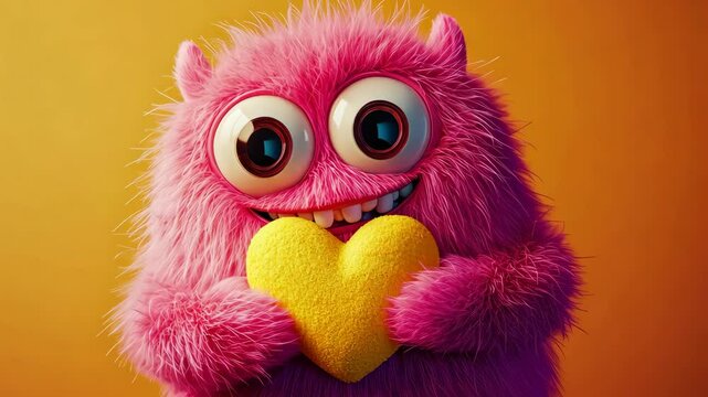 Charming pink monster joyfully holding a bright yellow heart